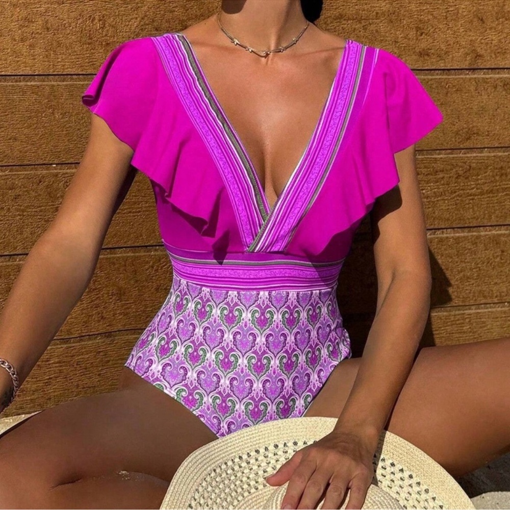 Boho Patchwork Plunging Neck Ruffle Monokini One Piece Swimsuit S M L XL